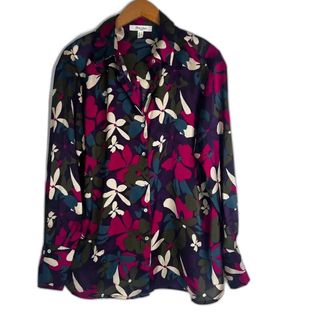 Haver & Blair London Bold Floral Silky‎ Long Sleeve Button Front Blouse Size LG